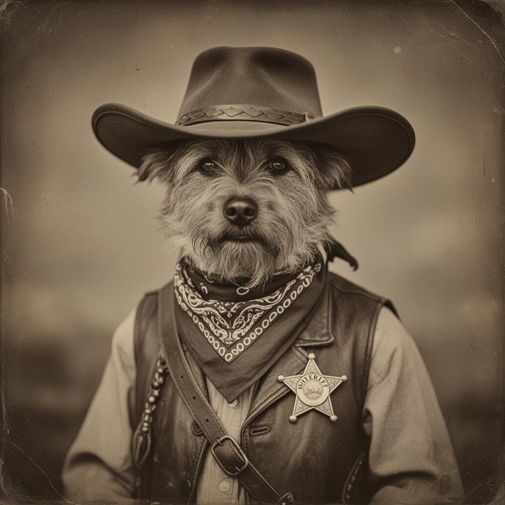 Cowboy pet portrait rendered as Vintage Portrait
